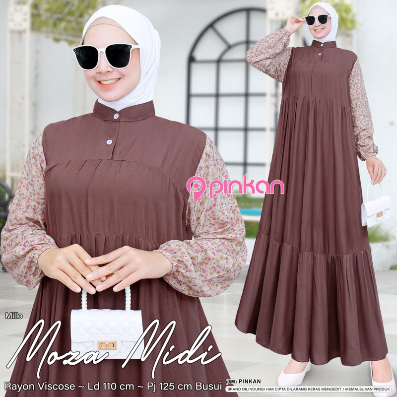 Midi Dress by Pinkan Midi Dress Polos Kombinasi Lengan Motif Moza Amena