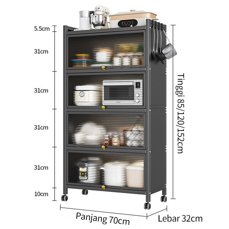 Rak Kabinet Dapur / lemari dapur serbaguna / Rak Oven Microwave / Rak Dapur Anti Debu Lemari Dengan Roda Pintu