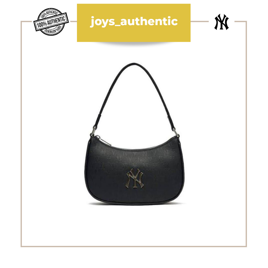 Tas wanita Mlb NY Yankess Leather emboss monogram hobo bag hitam Black woman bag authentic original