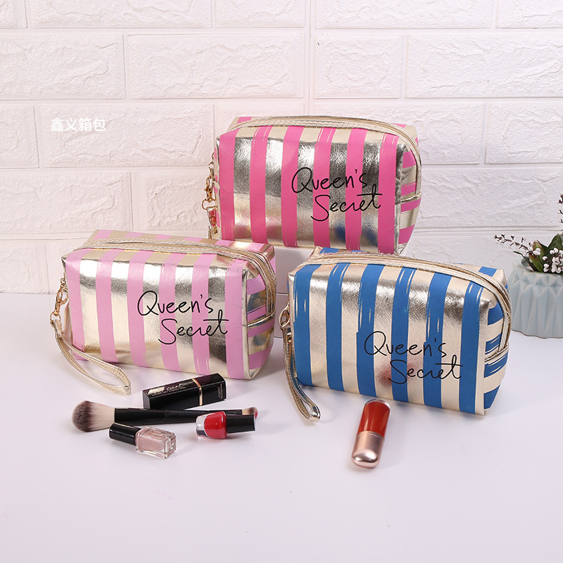 Grosir tas kosmetik stripe tas segi delapan tas penyimpanan kapasitas besar PU kreatif fashioN