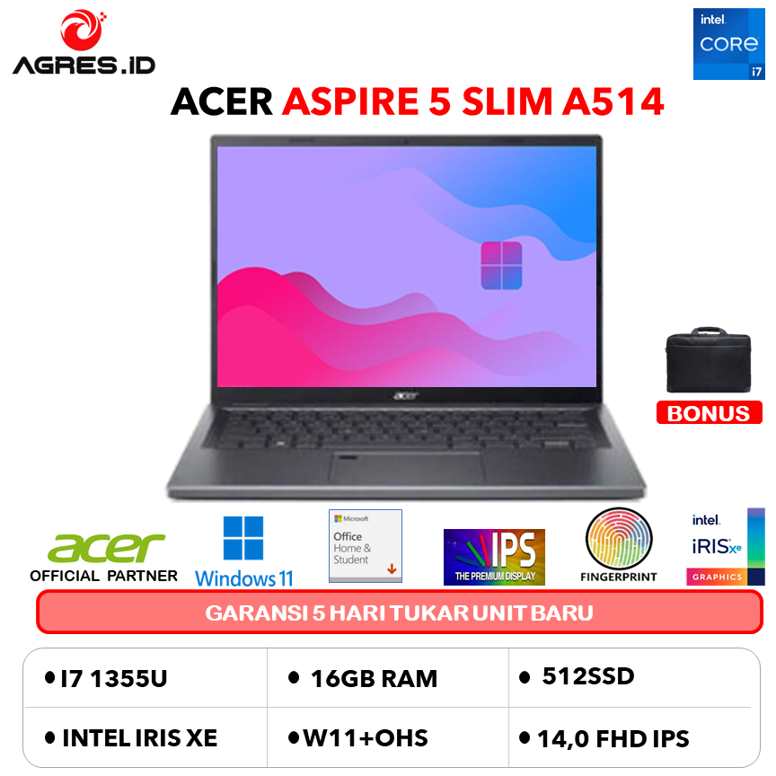 ACER ASPIRE 5 SLIM A514 I7 1355 16GB 512GB W11PRO+OHS 14.0FHD IPS THUNDERB BLIT FP 1/3/0+ADP GRY -56