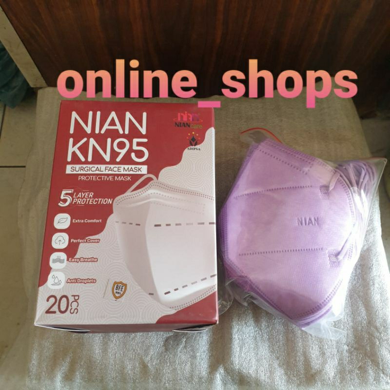 Masker kn95 dewasa medis isi 20 pcs warna purple ungu earloop niancare 5ply