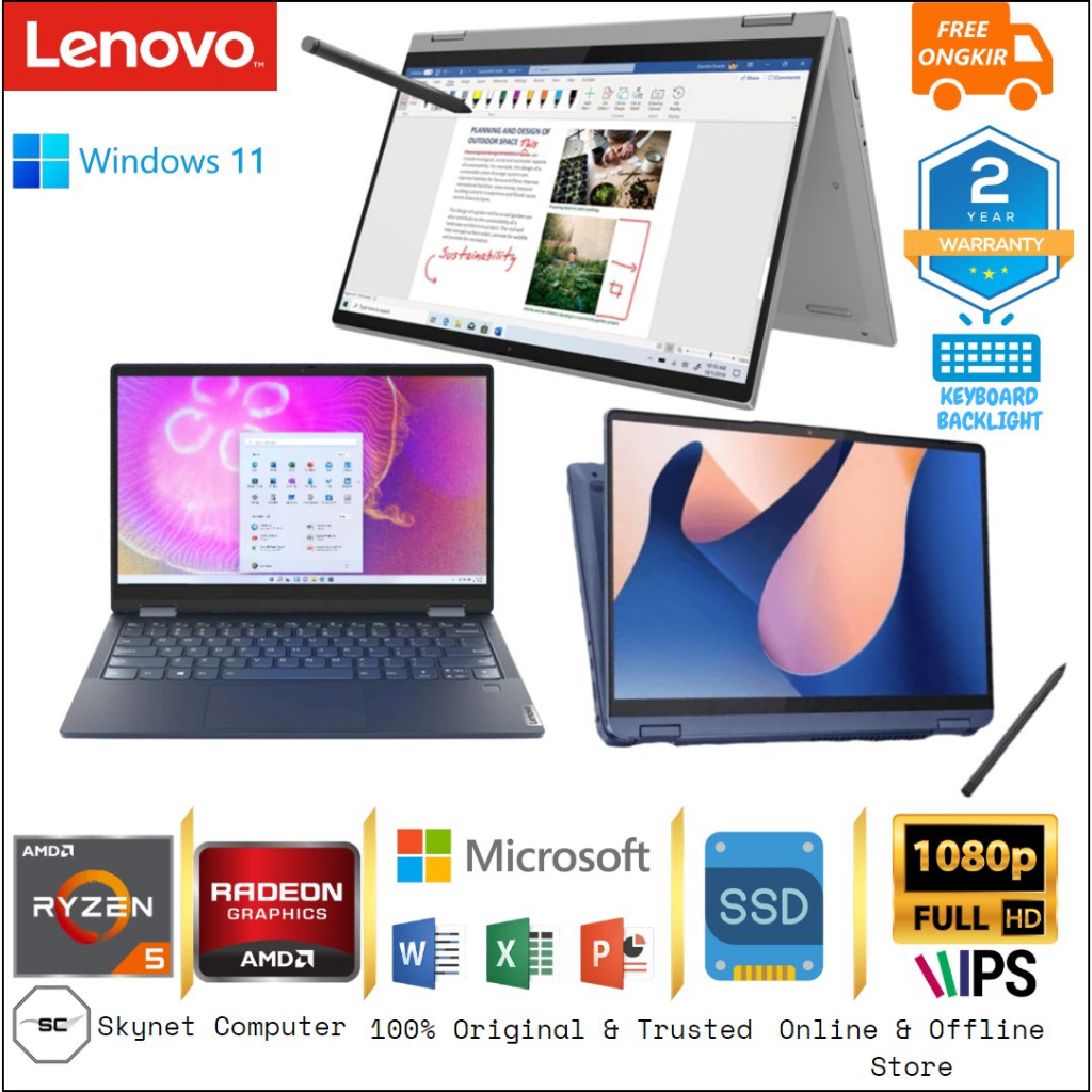 LENOVO FLEX 5 2in1 AMD RYZEN 5 7520U RAM16GB SSD512GB IPS TOUCHSCREEN WINDOWS 11 DAN OFFICE 2021 ORIGINAL