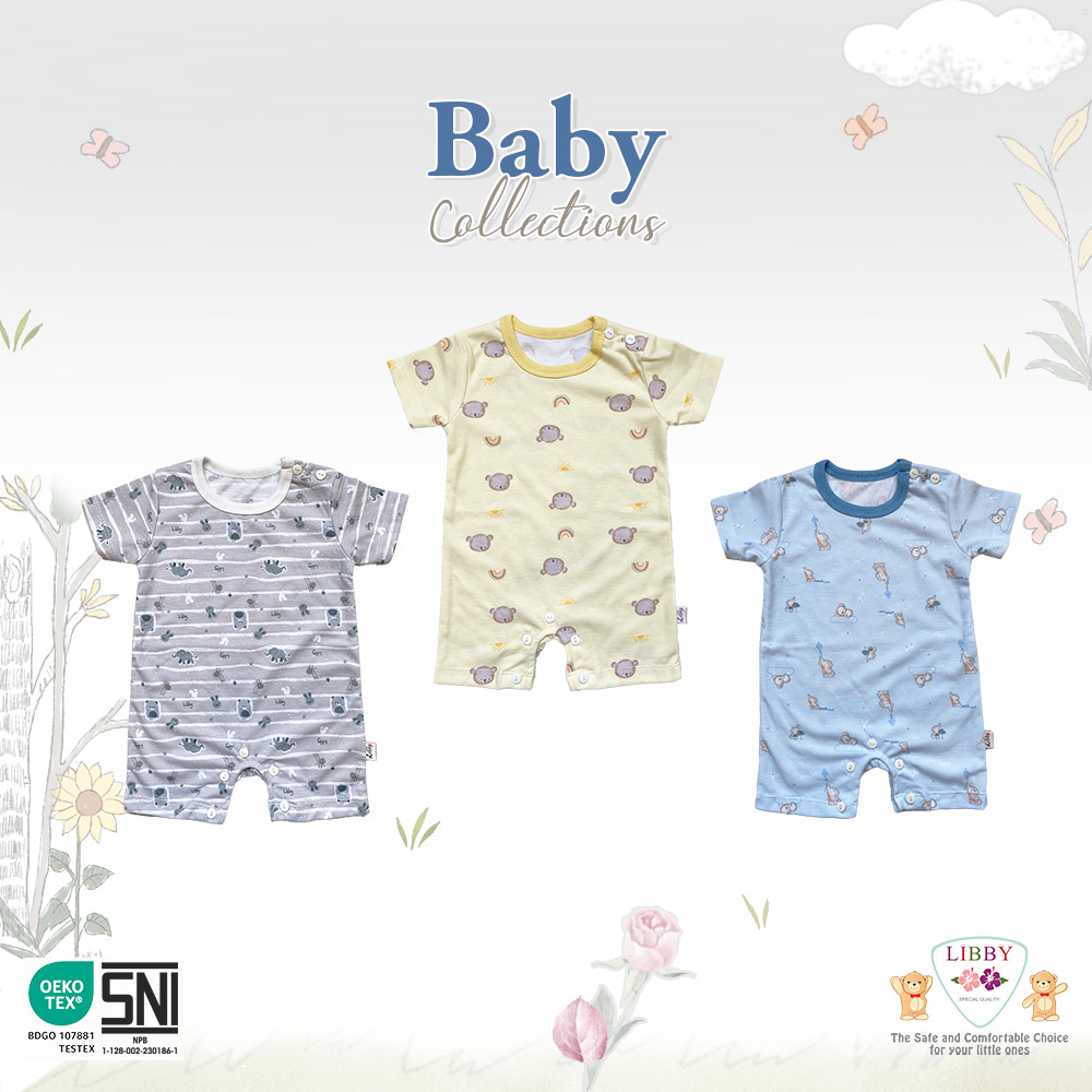 isi 3 pcs Baju Kodok Pendek Segiempt LIBBY 0-3M Jumper Libby Pendek