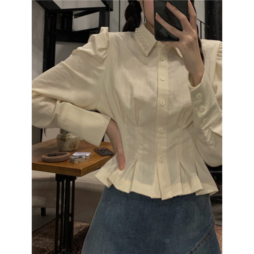 EUNII Korean Style Lengan Panjang Kaos Atasan Bead Polo Import Terbaru Crop Top