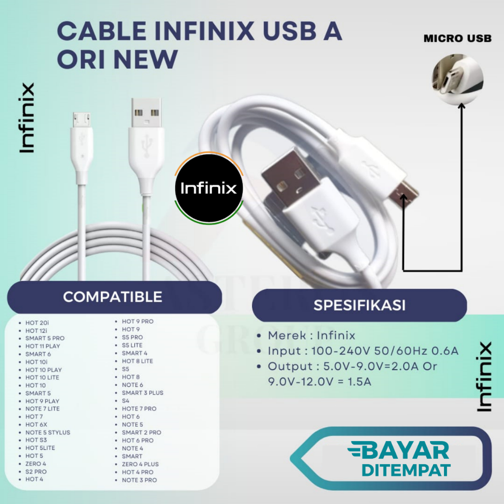 kabel data infinix micro usb dan tipe c original fastcharging