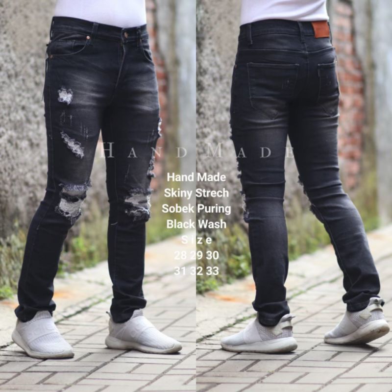 Celana Pria Jeans Ripped Sobek Puring Handmade