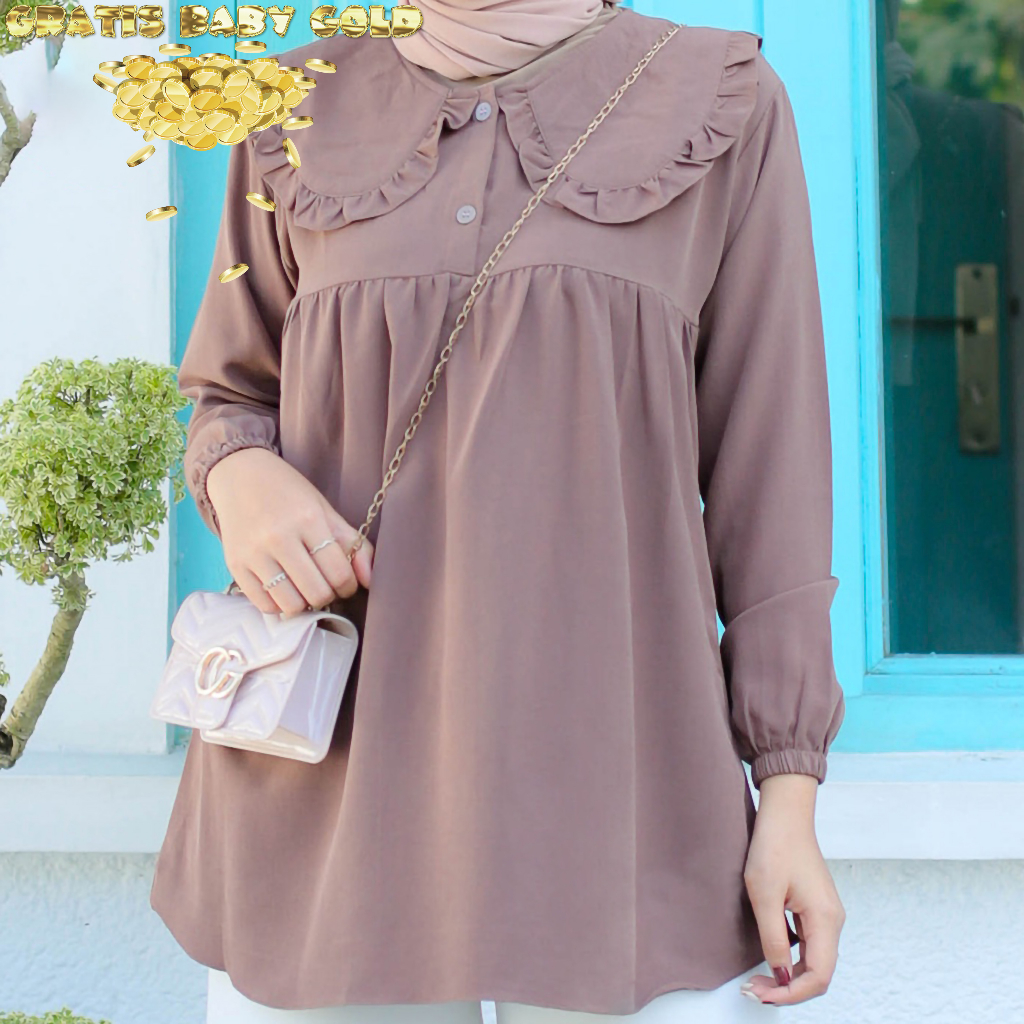 FREE GOLD Atasan Wanita Audrey Blouse Bluse Jumbo Dengan Gaya Korean Style, Baju Oversize Crinkle Ai