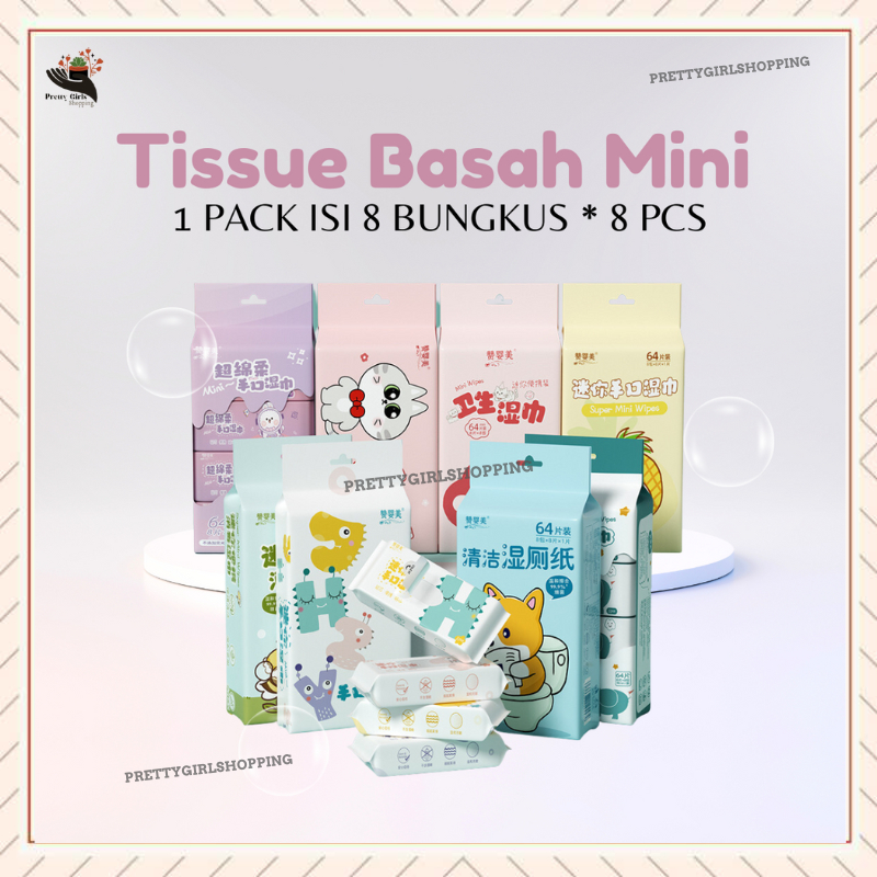 Pretty Tisu Basah Mini Travel/Tissue Basah Lucu Mini Karakter Hewan/Tissue 1Pack isi 8bungkus/Tisu Mini Portabel Murah Praktis