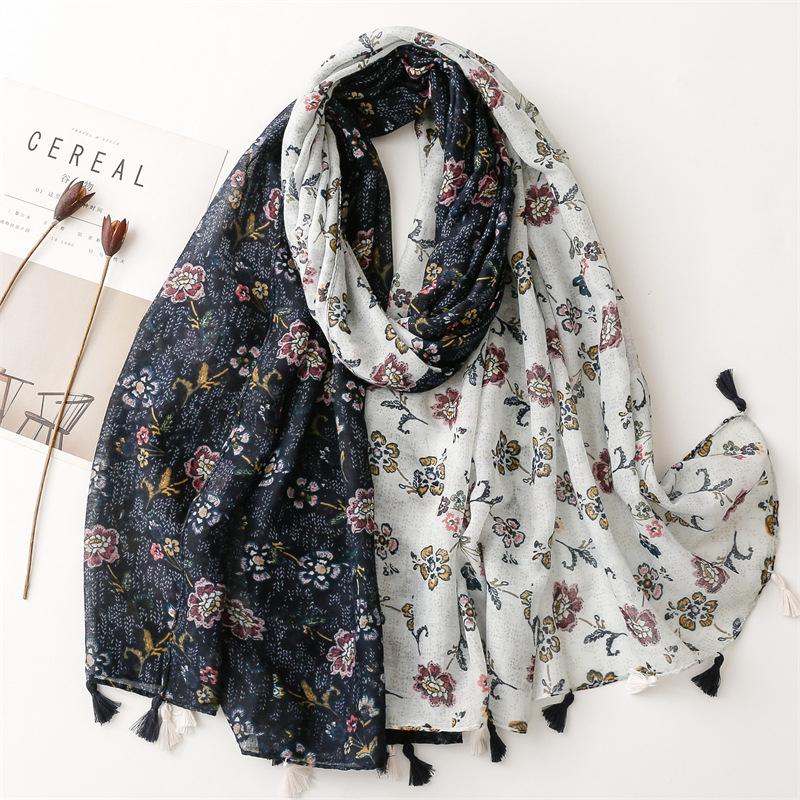 ITSFRIDAY ZELMIRA Scarf - Premium Pashmina Shawl Selendang Syal Pasmina Hijab Import Motif Flower Navy Tassel