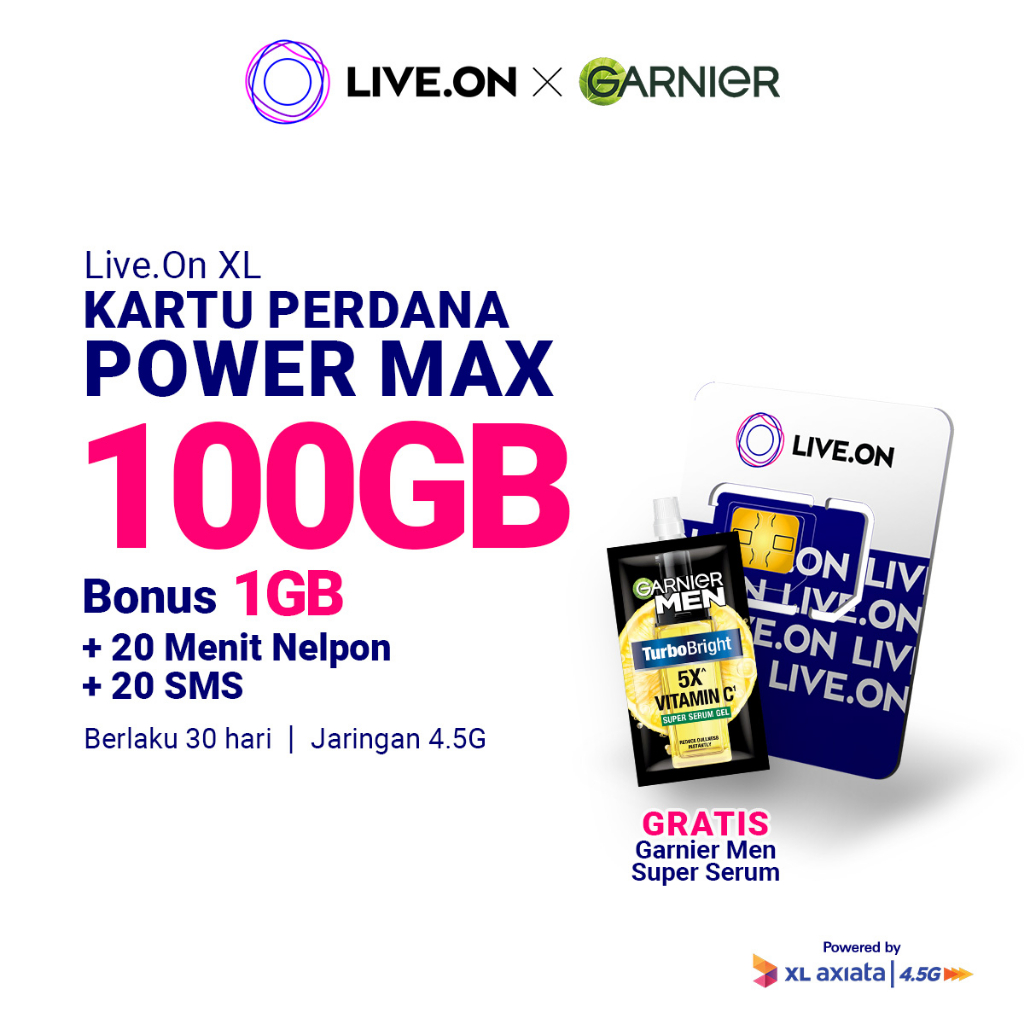 Live.On Kartu Perdana Power Max 100GB + 1GB (30 hari) Jaringan 4.5G + 20 Menit Nelpon + 20 SMS