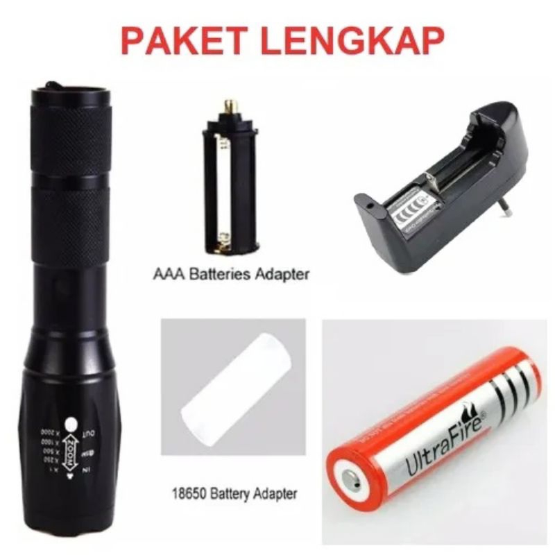 Free Box Paket Senter LED Cree XM-T6 + Baterai 18650 + Charger SUPER TERANG / Senter Camping / Senter Outdoor