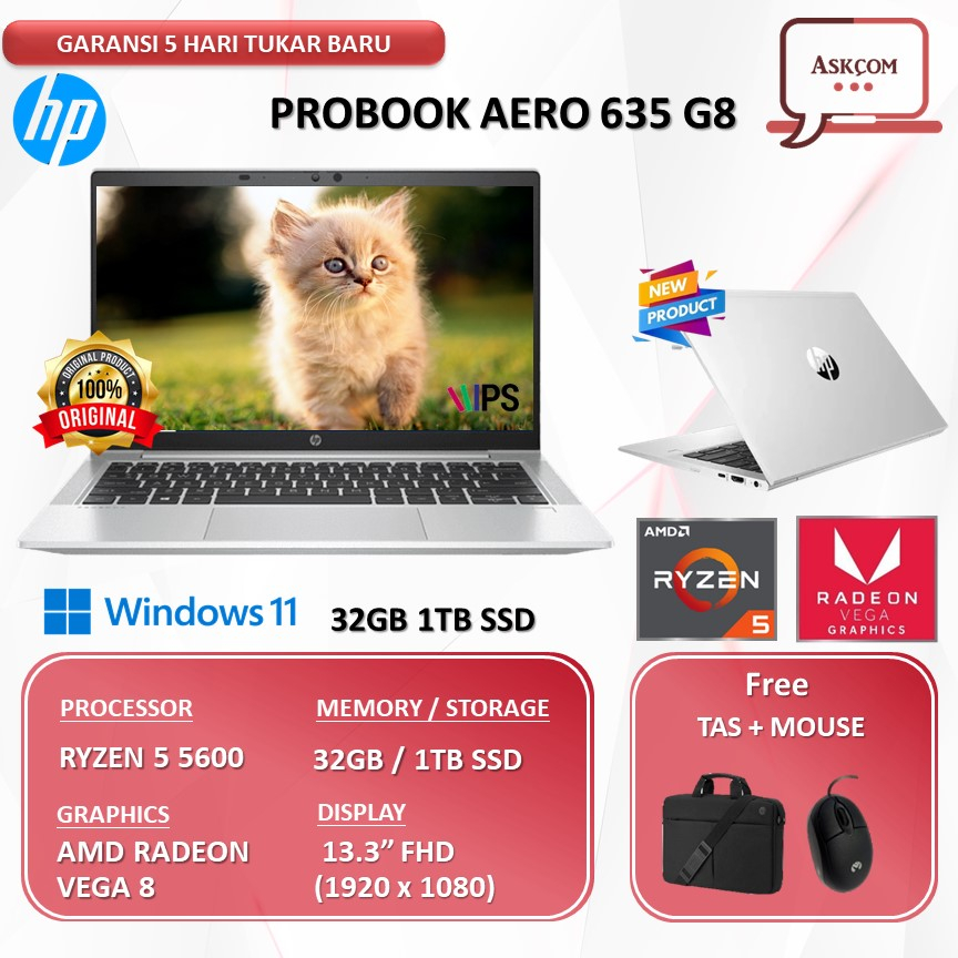 Laptop HP Probook Aero 635 G8 RYZEN 5 5600 32GB 1TB SSD VEGA 8 W11PRO 13.3FHD