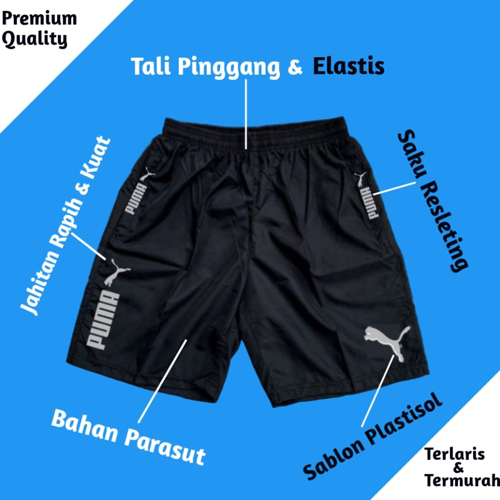 Celana Pendek Parasut Olahraga Saku Resleting Pria Wanita Running Gym Sport Kolor Volly Futsal Bulu Tangkis Jogging Bahan Berkulitas-Puma