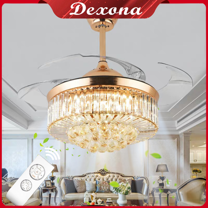 ❣️Garansi&amp;Remote❣️Kipas Angin Lampu Gantung 2IN1 Kristal Chandelier 42 INCH Mewah Gold Crystal Chandelier Gaya Nordik Minimalis Modern Lampu Ruang Tamu Hias