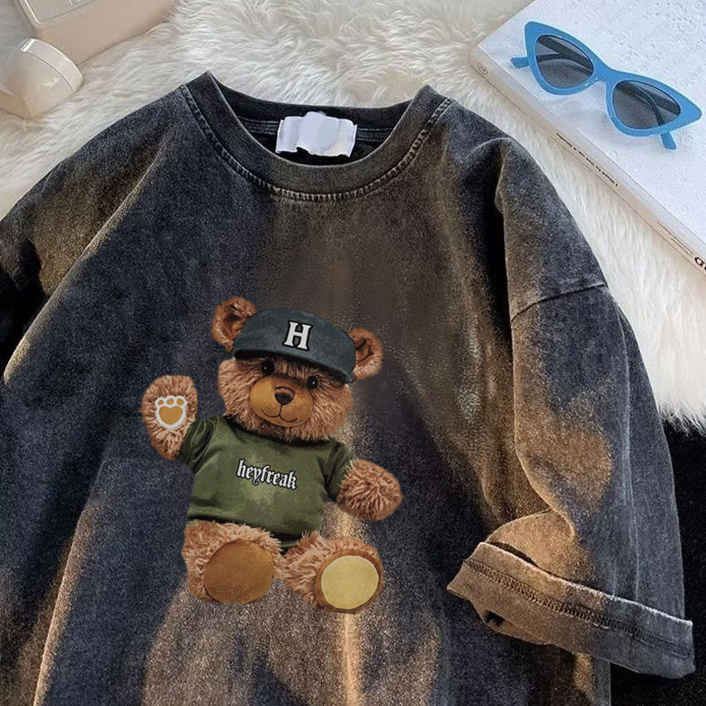 RDGF Washed oversized kaos pria keren teddy bear shape T-shirt kaos hitam pria black washed tshirt kaos cowok keren/A0903