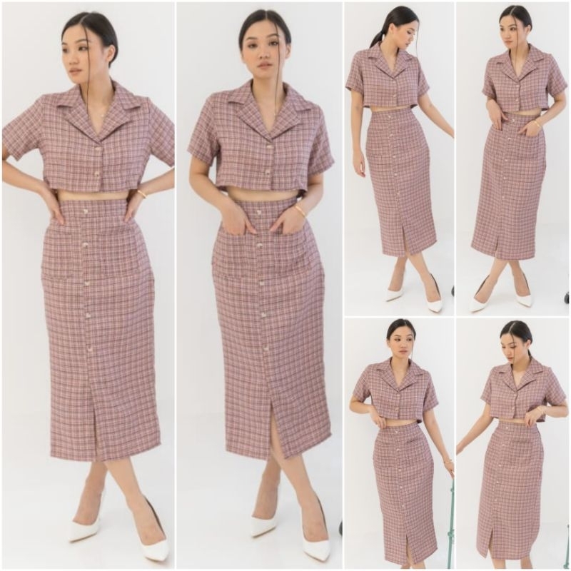 ❣️SPECIAL PRICE ♡ PREMIUM ♡ ORIGINAL ! WELISSA TWEED 2 IN 1 PLAID SET BUTTON SET CROP COLLAR BLOUSE WITH MIDI POCKET SKIRT