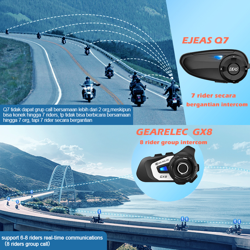 Intercom GEARELEC GX8 Helm Sepeda Motor Bluetooth Intercom Headset 8-Rider 1500m Rentang BT 5.1 Interfon Sistem Komunikasi Nirkabel dengan Radio FM EQ Berbagi Musik