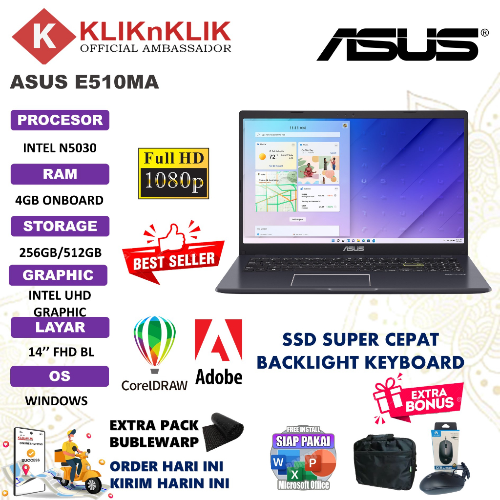 LAPTOP MURAH ASUS E510MA INTEL N5030 8GB 512GB SSD 15.6&quot; FHD WINDOW 11 HOME