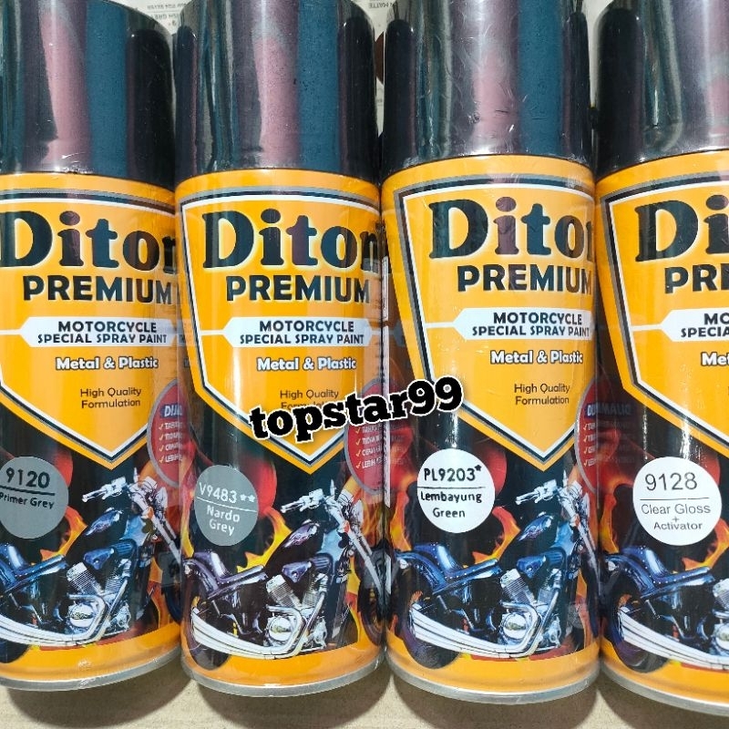 Diton Premium Paket Lengkap 4 Kaleng 400cc Abu-Abu Lembayung Green Hijau Primer Grey 9120 Nardo Grey 9483 Clear Glossy 9128 Pilox Pilok Cat Semprot Spray Paint