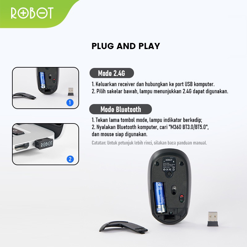 ROBOT Mouse M360 USB 2.4G Wireless &amp; Bluetooth 5.0 Dual Mode Connection Wireless Silent Click  18000 DPI Original - Garansi 1 Tahun