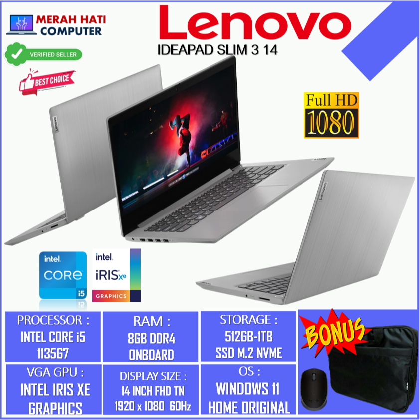 LAPTOP LENOVO IDEAPAD SLIM 3I 14 INTEL I5 1135G7 8GB 512GB IRIS XE 14FHD WIN11HOME PLATINUM GREY ORIGINAL BERKUALITAS