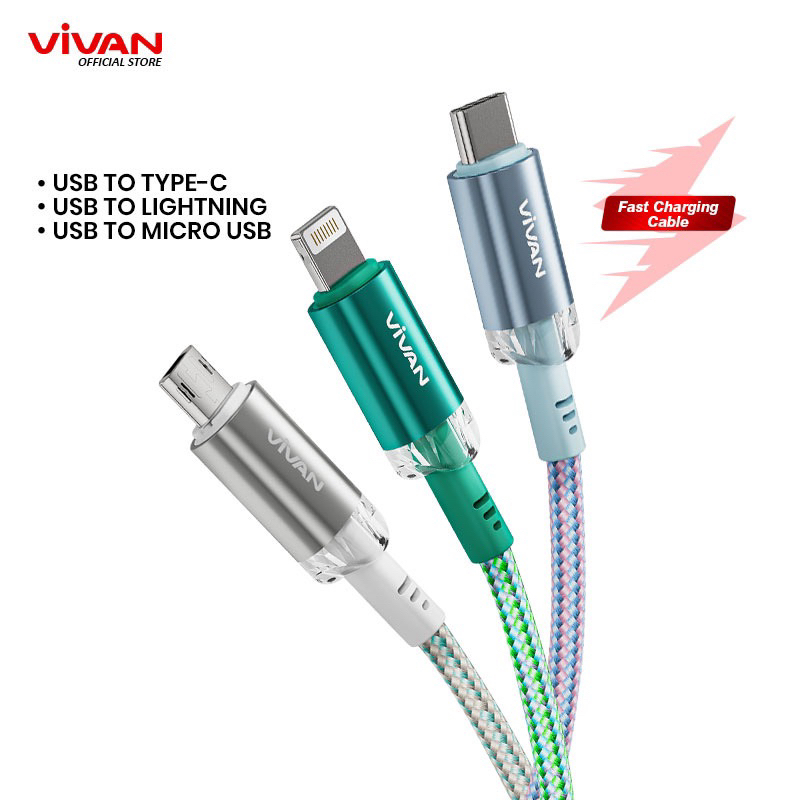 VIVAN VXM100S / VXC100S / VXL100S /Kabel Data Type C/Lightning/Micro USB 100cm Fast Charging 3A/2.4A - Garansi Resmi 1 Tahun