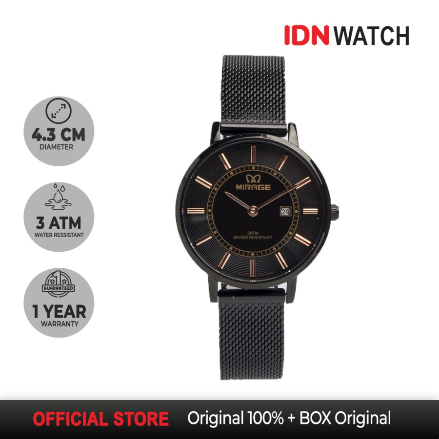 Jam Tangan Mirage Pria Original Rantai Pasir 2 Jarum Full Black Hitam Keren 8623 M