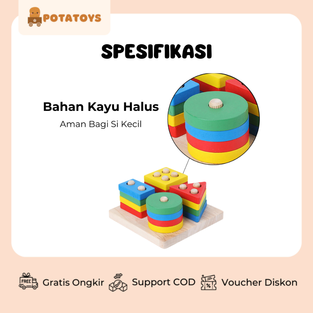 [ Potatoys ] Shape Sorting Wooden Toys / Mainan Edukasi Anak / Mainan Kayu anak / Mainan Kayu Alphabet / Wooden Alphabet Toys / Basic Shape Sorting Kayu Balok 4 Shape Block