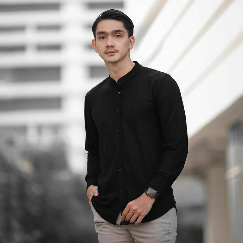 ALJOSA Kemeja Polos Pria Shanghai Hitam Putih Maroon Navy Biru Dongker Lengan Panjang Kerah Koko Gra