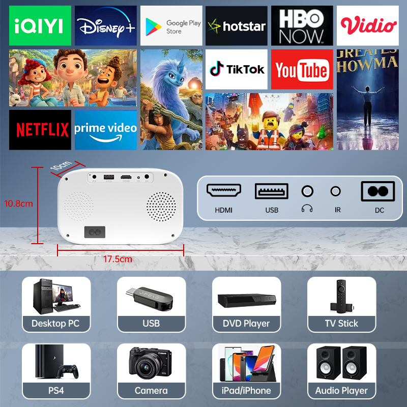 QIAOLET Portable Projector 6500 Lumens  C500 Android Proyektor Mini Bluetooth 5G Wifi Mendukung Netflix/Youtube Android 9.0 Projector