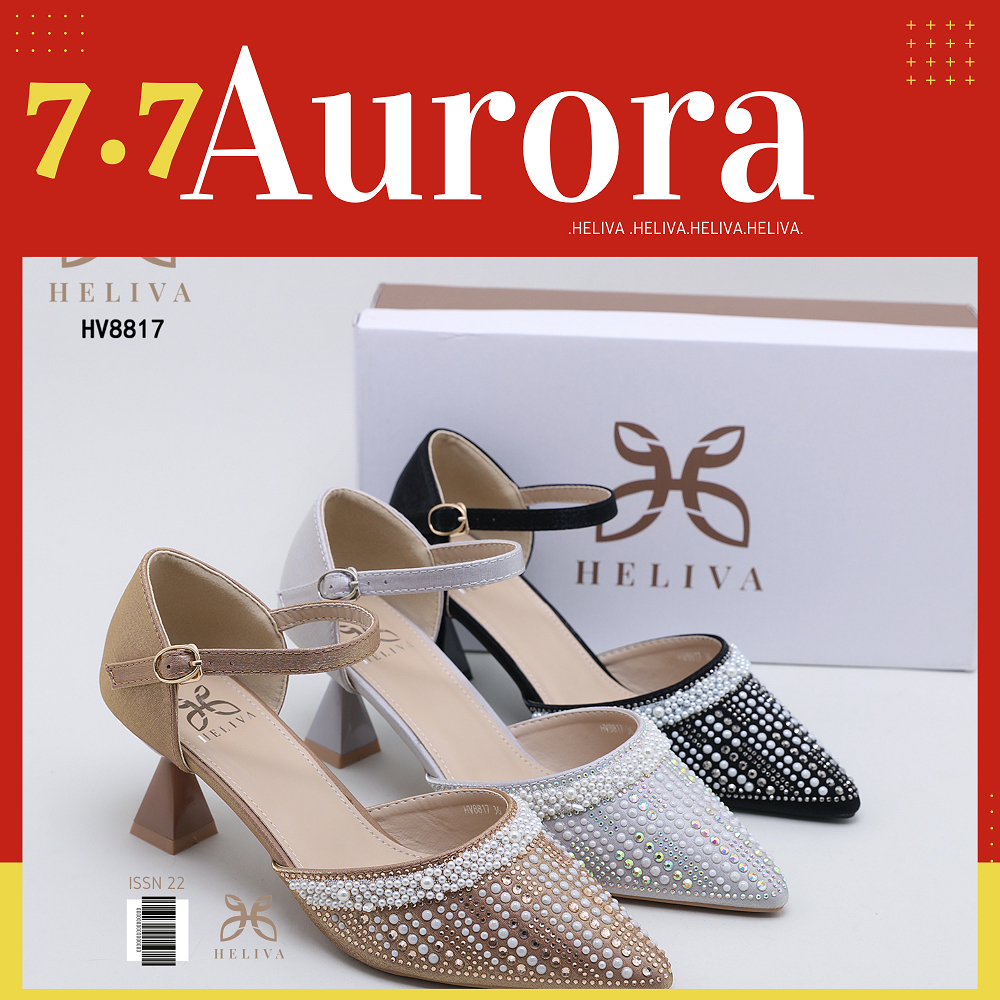 AURORA HELIVA High Heels 6cm Sepatu Hak Tinggi Lancip Pesta Ankle Warp Bahan Kulit Glitter Mutiara Manik HV8817 Original Brand
