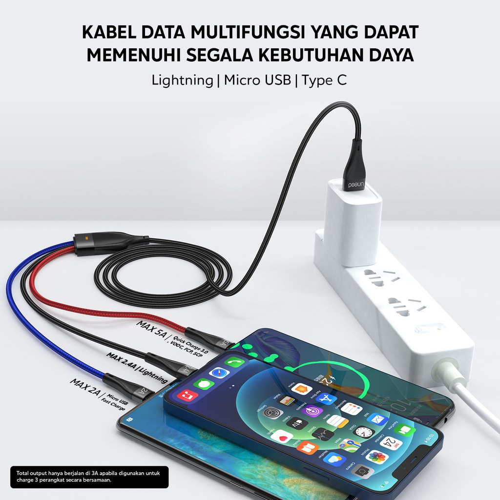 Kabel Data 3in1 Micro Type C iPhone Lightning 5A QC VOOC BY SMOLL