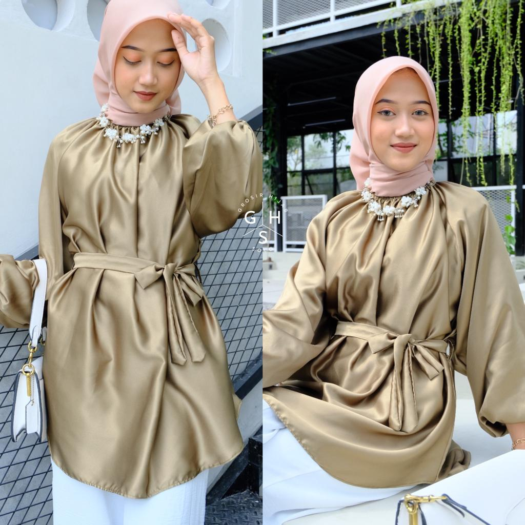 AGNY BLOUSE LENGAN BALON TALI ATASAN WANITA KEMEJA SATIN SILK PREMIUM (DBY)