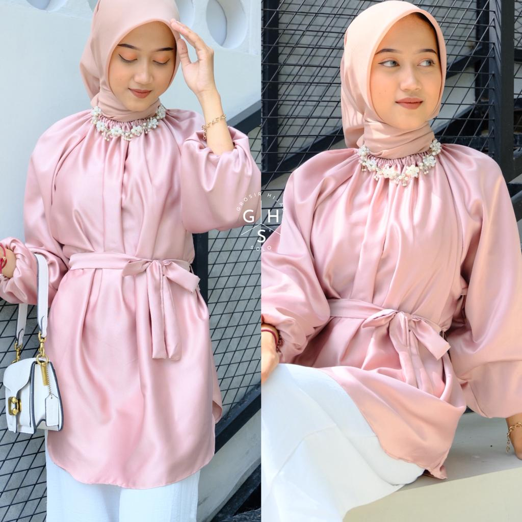 AGNY BLOUSE LENGAN BALON TALI ATASAN WANITA KEMEJA SATIN SILK PREMIUM (DBY)