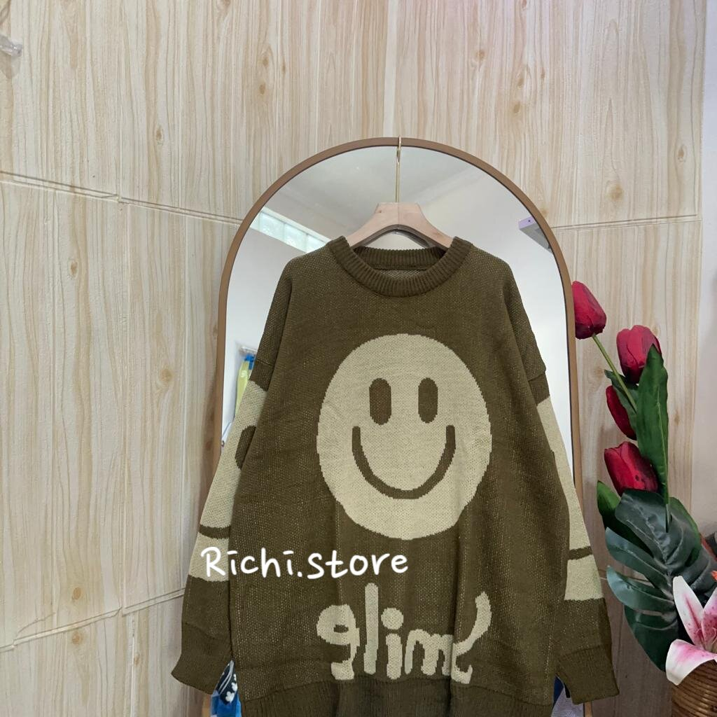 Smile oversize sweater - Setelan kulot rajut sweater motif smile (celana+atasan)