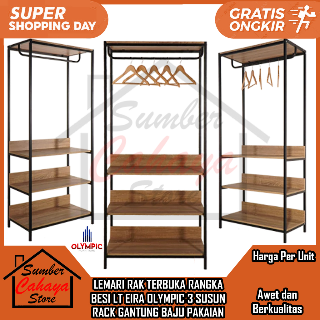 [Kargo] LEMARI RAK TERBUKA RANGKA BESI LT EIRA OLYMPIC 3 SUSUN RACK GANTUNG BAJU PAKAIAN SERBAGUNA  