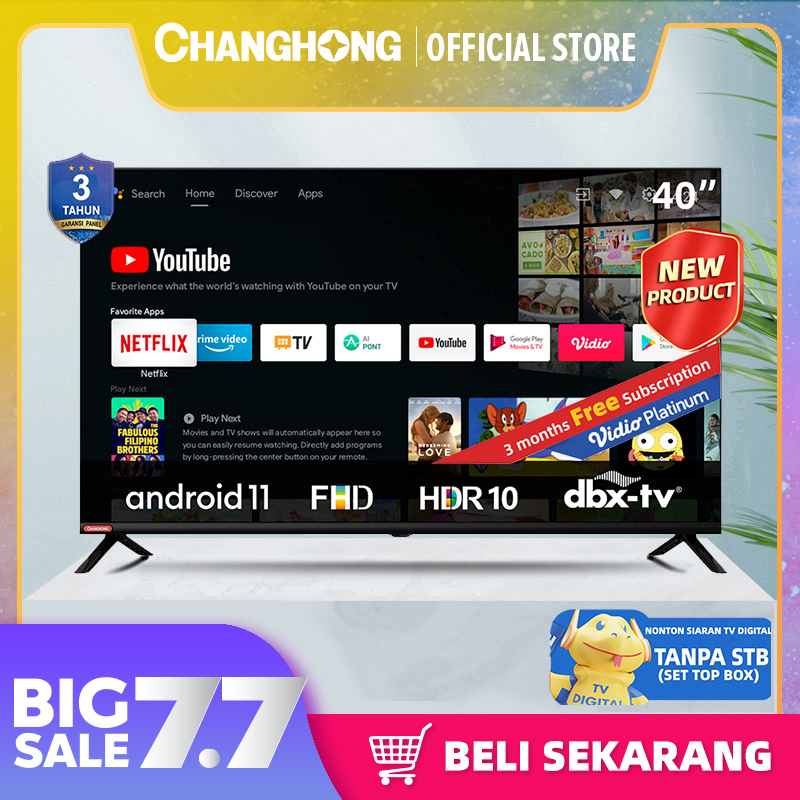 Changhong 40 Inch Newest Android 11 Frameless Smart TV Digital LED TV FHD -Netflix-Youtube- Google Playstore (L40G7N)