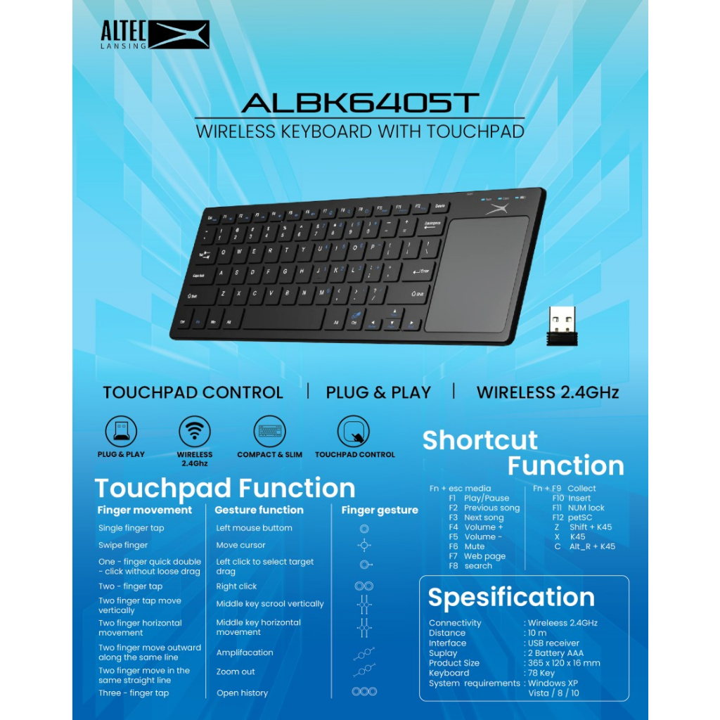 Altec Lansing Keyboard Wireless Slim with Touchpad ALBK6405T
