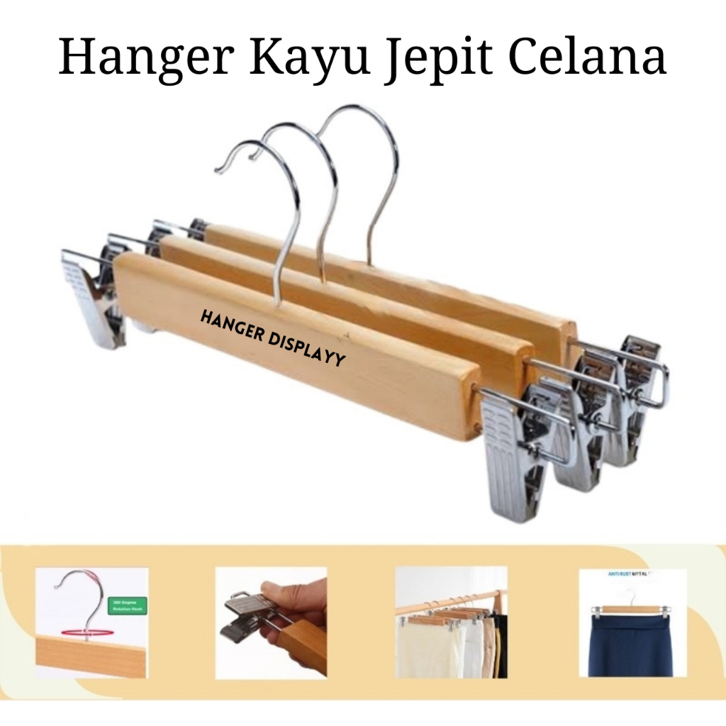 Hanger Kayu Jepit Besi 262 Dewasa Natural / Gantungan Celana Jeans Pakaian Perpcs