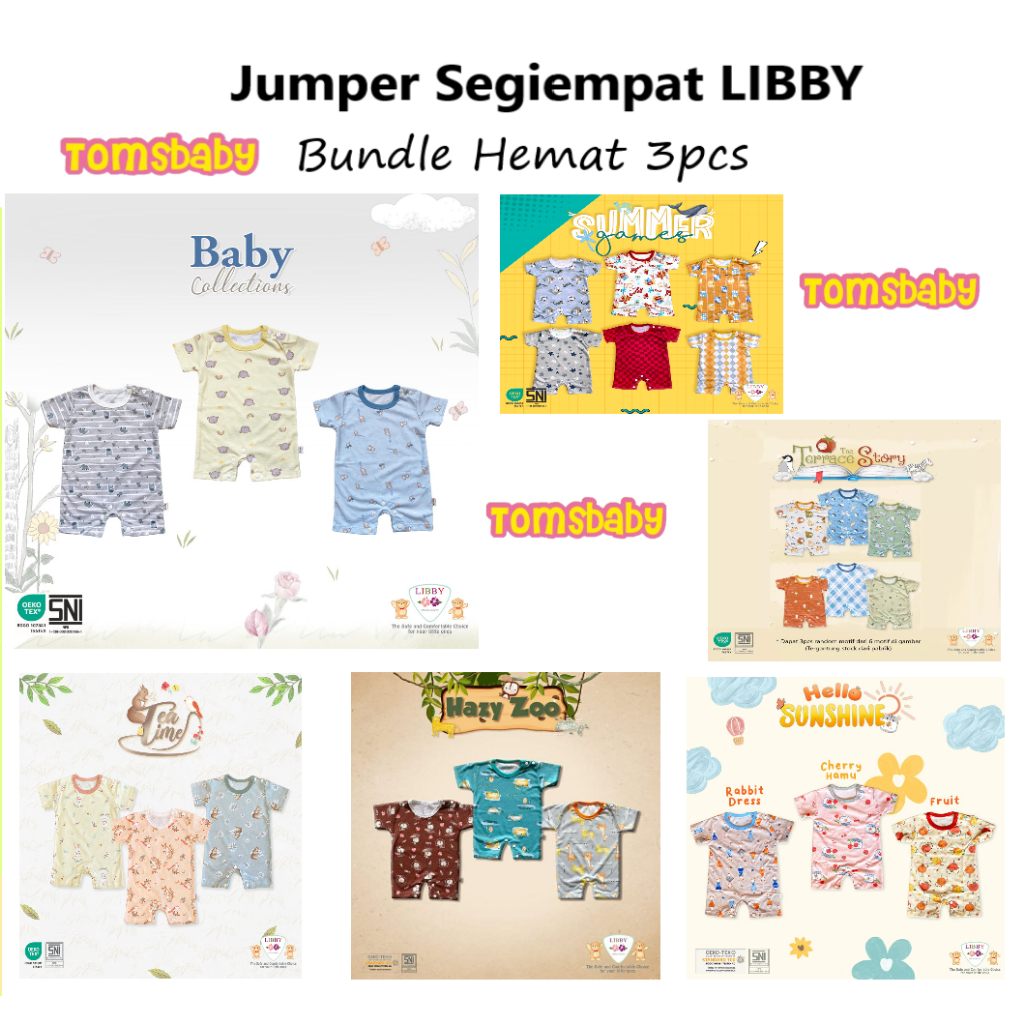 [TOMS] [BUNDLE HEMAT 3pc] LIBBY (3pcs) Romper Jumper Segiempat Baju Kodok Pendek Bayi MOTIF Terbaru Grosir PRINT