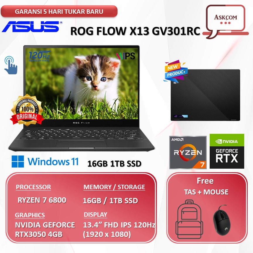 Laptop Gaming Asus Rog Flow X13 GV301RC Touch RTX3050 4GB RYZEN 7 6800 16GB 1TBSSD W11 13.4FHD IPS 120HZ