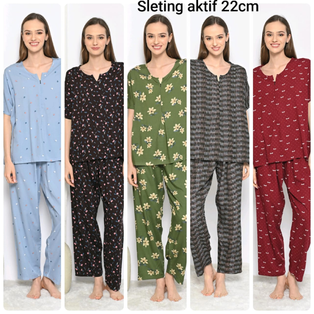 ONE SET PIYAMA RAYON STELAN CELANA PANJANG LENGAN PENDEK SLETING AKTIF