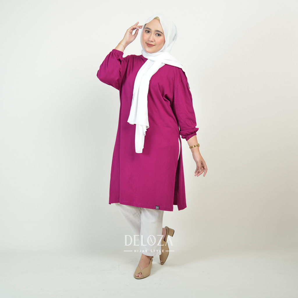 Selly Tunik Dress Oversize Polos Tangan Balon Jumbo by Deloza