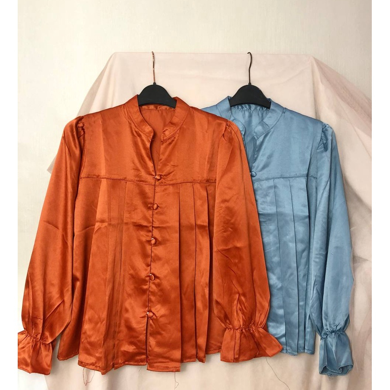 ALUNA Blouse Kerah Shanghai - Puffy Top Satin - Atasan Tangan Panjang  Busui Friendly 0436