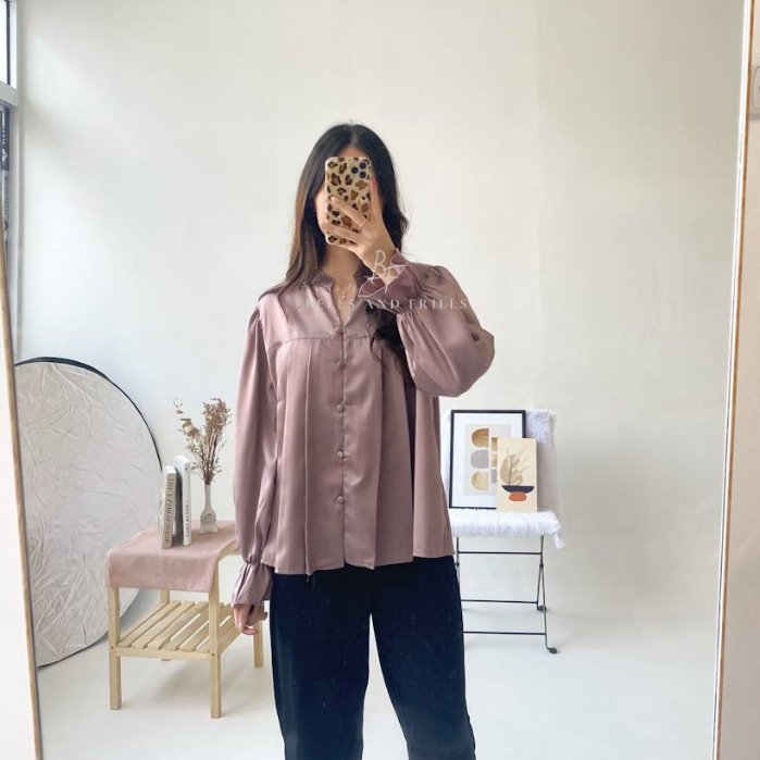 ALUNA Blouse Kerah Shanghai - Puffy Top Satin - Atasan Tangan Panjang  Busui Friendly 0436