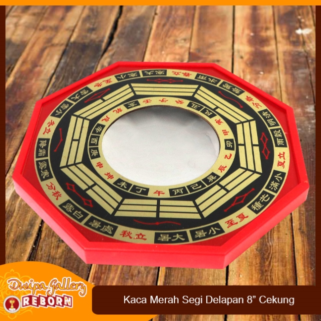 Kaca Cermin Cekung Fengshui Pat Kua Pakua /Ba Gua Segi Delapan Red 8&quot;