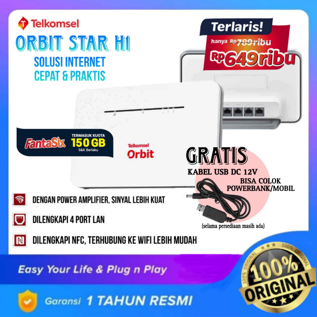 Telkomsel Orbit Star H1 Modem Wifi Huawei B311Home Router 4G LTE Garansi Resmi