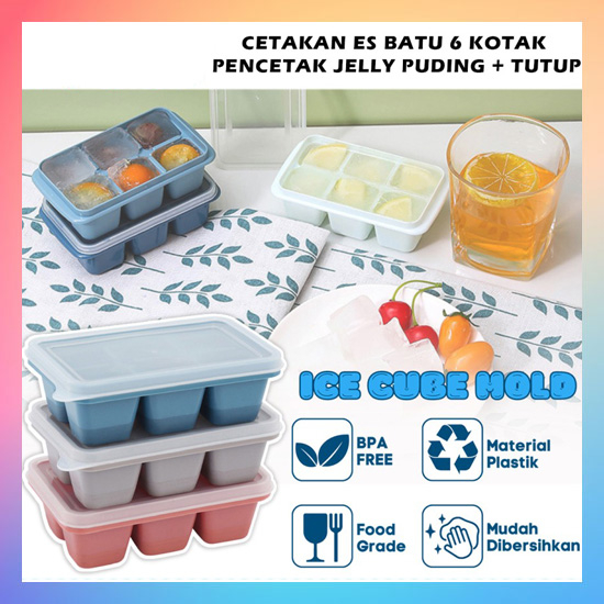 Cetakan Es Batu 6 Kotak Dengan Penutup / Alat Pencetak Puding Agar-Agar Jelly Cokelat Yogurt Anti Pecah / Ice Cube Mold Square Food Grade / Wadah Tempat Cetak 6 Sekat Unik Serbaguna