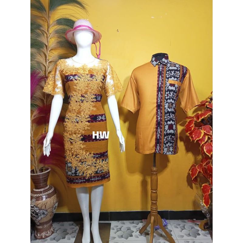 DRESS TENUN KOMBINASI BROKAT CAUPLE KEMEJA WARNA KUNING EMAS